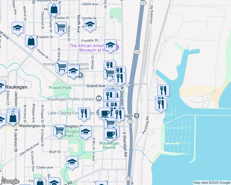 map of restaurants, bars, coffee shops, grocery stores, and more near 221 North Genesee Street in Waukegan