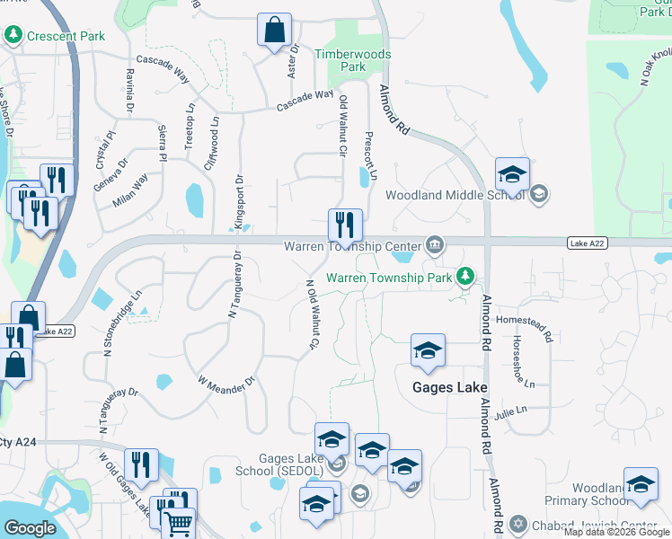 map of restaurants, bars, coffee shops, grocery stores, and more near 34451 North Old Walnut Circle in Gurnee