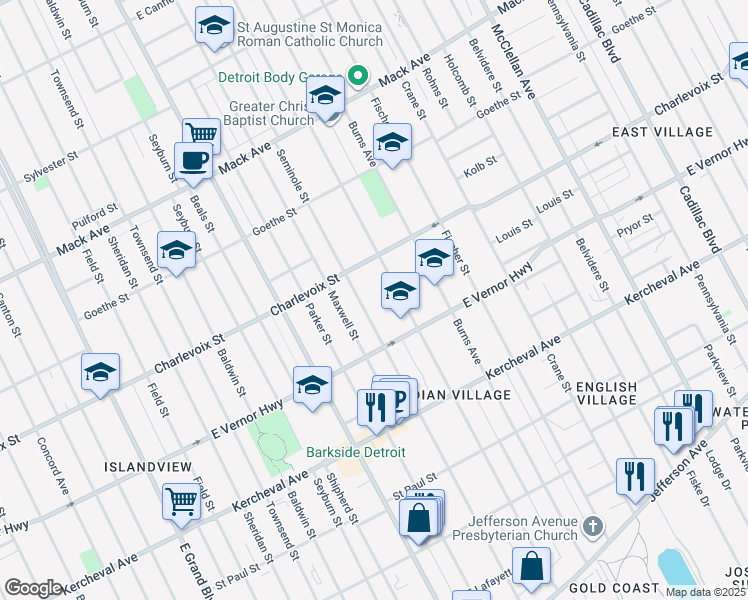 map of restaurants, bars, coffee shops, grocery stores, and more near 2504 Seminole Street in Detroit