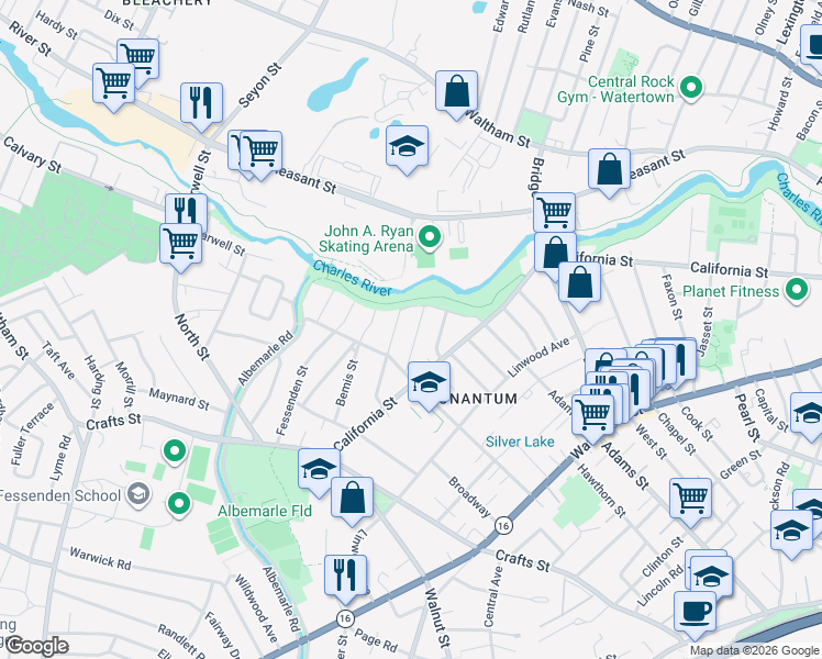 map of restaurants, bars, coffee shops, grocery stores, and more near 21 Thaxter Road in Newton