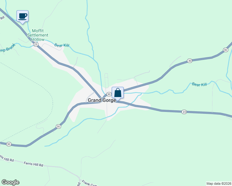 map of restaurants, bars, coffee shops, grocery stores, and more near Highway 30 in Grand Gorge