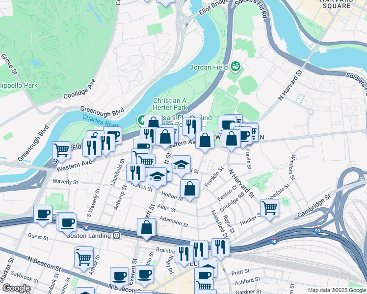 map of restaurants, bars, coffee shops, grocery stores, and more near 280 Western Avenue in Boston