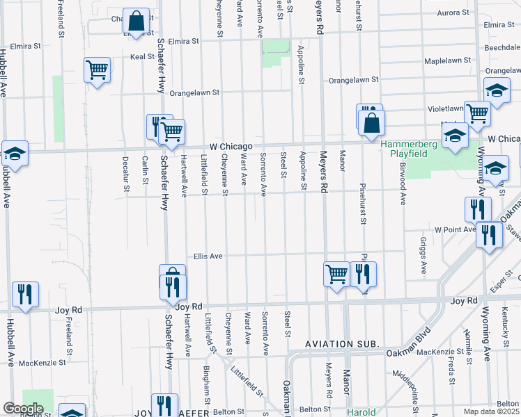 map of restaurants, bars, coffee shops, grocery stores, and more near 9251 Sorrento Avenue in Detroit