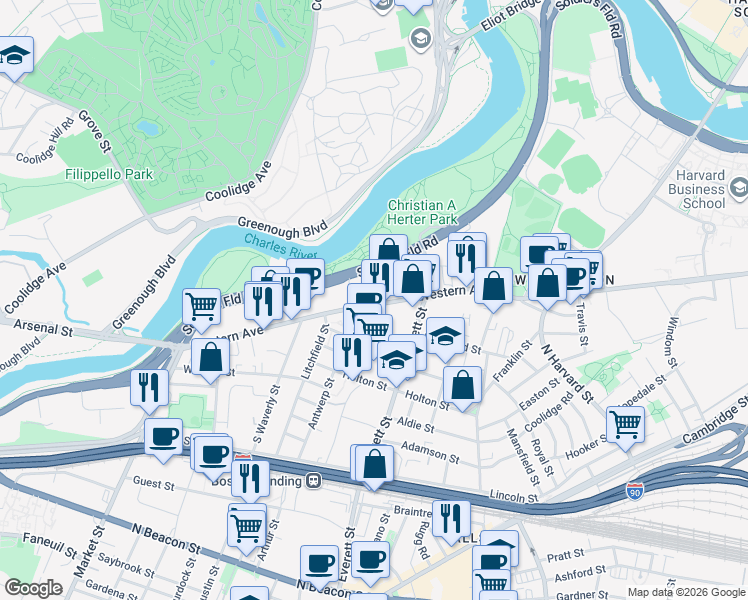 map of restaurants, bars, coffee shops, grocery stores, and more near 355 Western Avenue in Boston