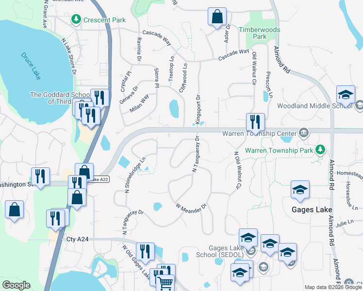 map of restaurants, bars, coffee shops, grocery stores, and more near 18458 Springwood Drive in Gages Lake