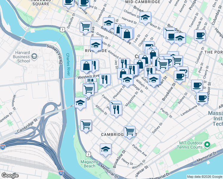 map of restaurants, bars, coffee shops, grocery stores, and more near 17 Laurel Street in Cambridge