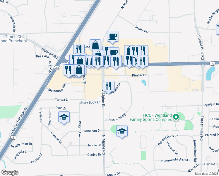 map of restaurants, bars, coffee shops, grocery stores, and more near 9721 North Alpine Road in Machesney Park