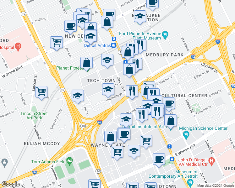 map of restaurants, bars, coffee shops, grocery stores, and more near 448 Antoinette Street in Detroit