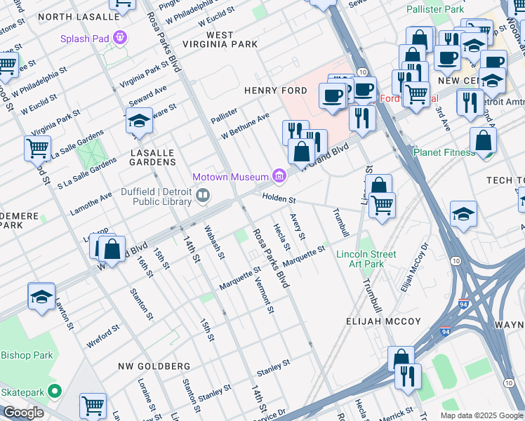 map of restaurants, bars, coffee shops, grocery stores, and more near 1820 Ferry Park Street in Detroit