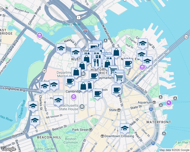 map of restaurants, bars, coffee shops, grocery stores, and more near 24 New Chardon Street in Boston