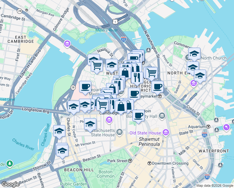 map of restaurants, bars, coffee shops, grocery stores, and more near 66 Staniford Street in Boston
