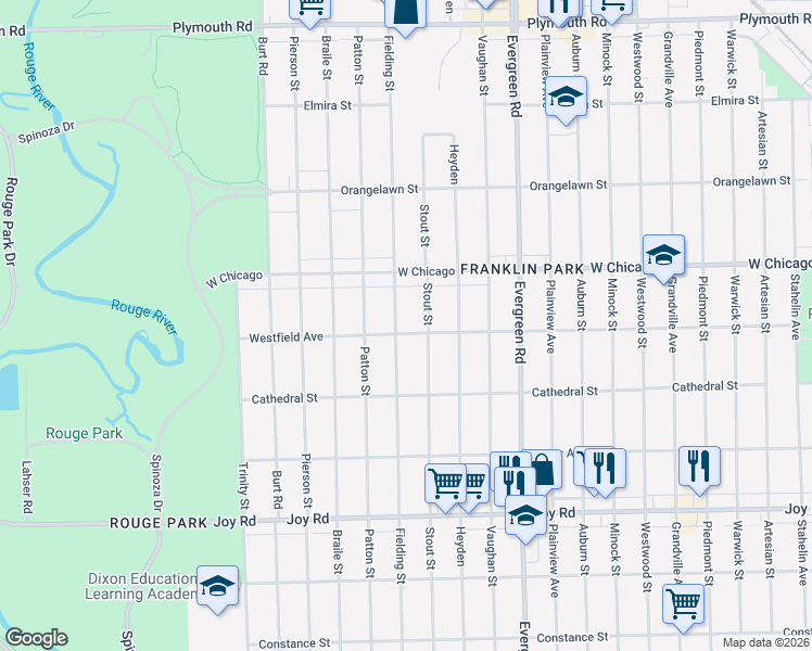 map of restaurants, bars, coffee shops, grocery stores, and more near 9310 Fielding Street in Detroit