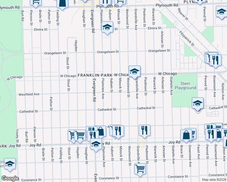 map of restaurants, bars, coffee shops, grocery stores, and more near 9300 Auburn Street in Detroit