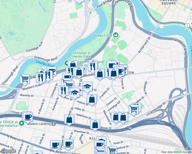 map of restaurants, bars, coffee shops, grocery stores, and more near 254R Western Avenue in Boston