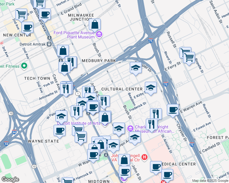 map of restaurants, bars, coffee shops, grocery stores, and more near in Detroit
