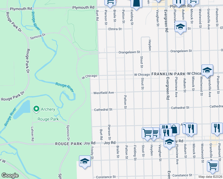 map of restaurants, bars, coffee shops, grocery stores, and more near 9320 Pierson St in Detroit