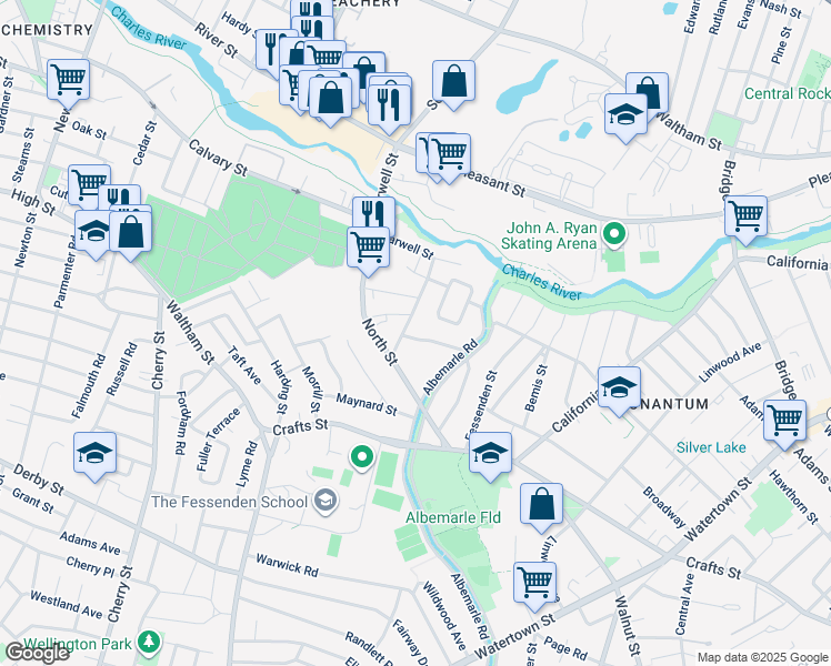 map of restaurants, bars, coffee shops, grocery stores, and more near 120 Farwell Street in Newton