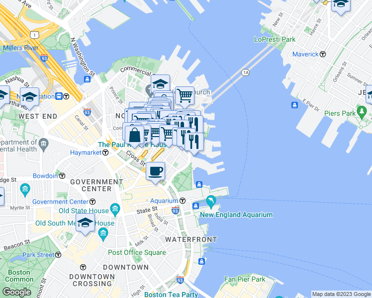 map of restaurants, bars, coffee shops, grocery stores, and more near 1 Commercial Wharf West in Boston