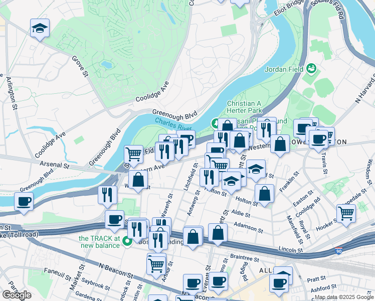 map of restaurants, bars, coffee shops, grocery stores, and more near 1300 Soldiers Field Road in Boston
