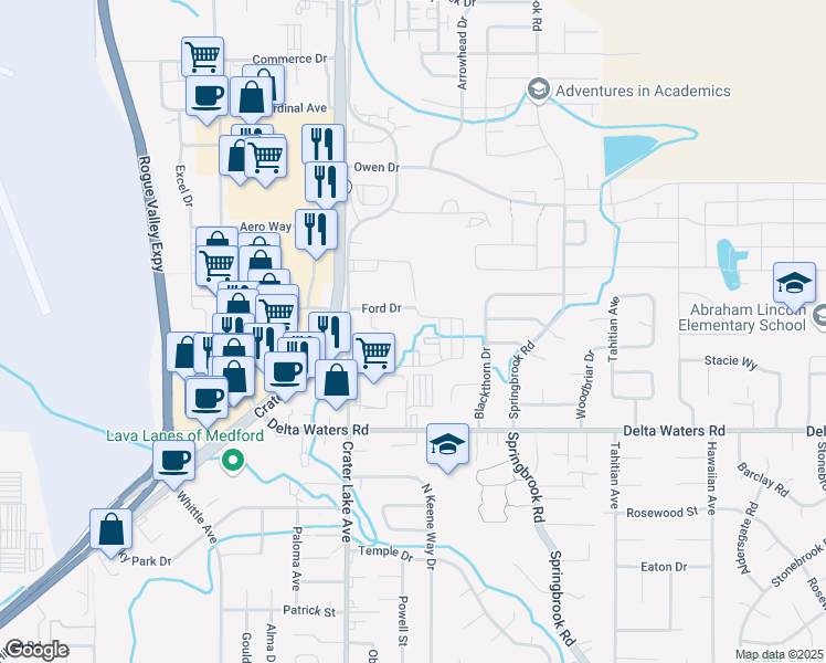 map of restaurants, bars, coffee shops, grocery stores, and more near 3165 Juniper Ridge Drive in Medford