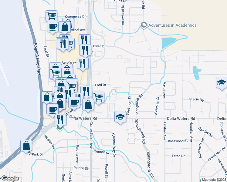 map of restaurants, bars, coffee shops, grocery stores, and more near 3165 Juniper Ridge Drive in Medford