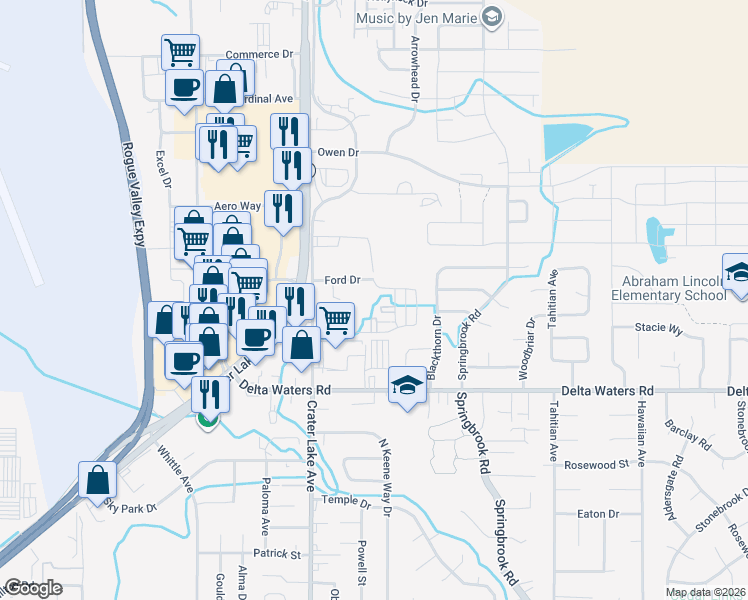 map of restaurants, bars, coffee shops, grocery stores, and more near 3165 Juniper Ridge Drive in Medford