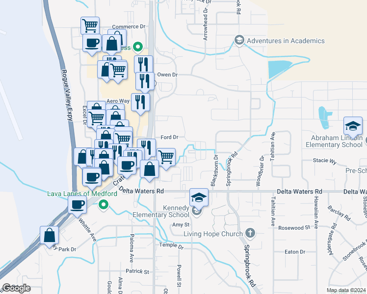 map of restaurants, bars, coffee shops, grocery stores, and more near 3165 Juniper Ridge Drive in Medford