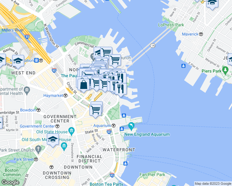 map of restaurants, bars, coffee shops, grocery stores, and more near in Boston