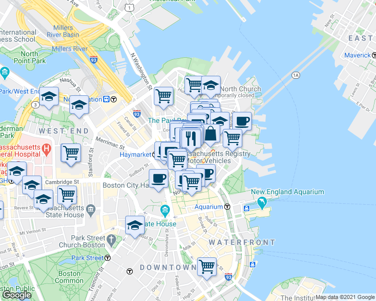 map of restaurants, bars, coffee shops, grocery stores, and more near 252 Hanover Street in Boston