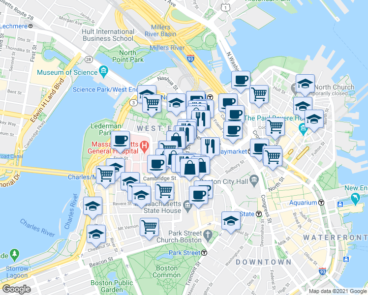 map of restaurants, bars, coffee shops, grocery stores, and more near 66 Staniford Street in Boston