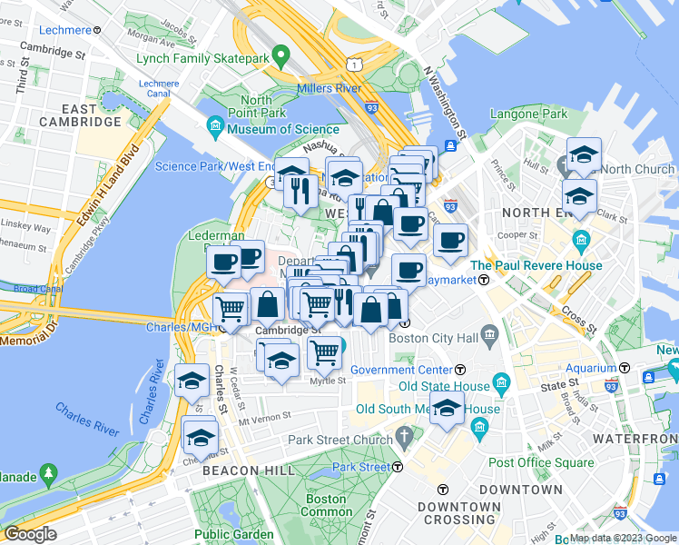 map of restaurants, bars, coffee shops, grocery stores, and more near 68 William Cardinal O'Connell Way in Boston
