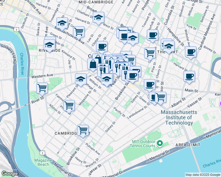 map of restaurants, bars, coffee shops, grocery stores, and more near 71 Pearl Street in Cambridge