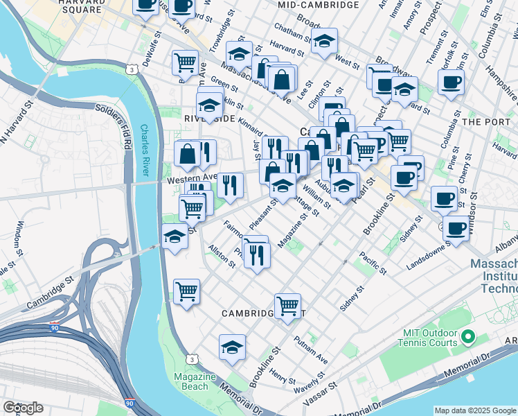 map of restaurants, bars, coffee shops, grocery stores, and more near 17 Laurel Street in Cambridge