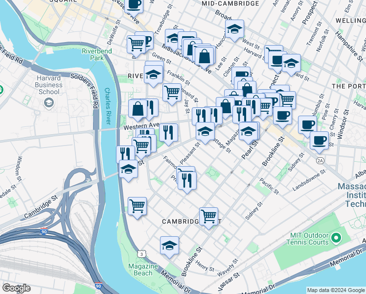 map of restaurants, bars, coffee shops, grocery stores, and more near 17 Laurel Street in Cambridge