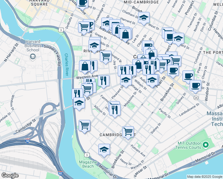 map of restaurants, bars, coffee shops, grocery stores, and more near 17 Laurel Street in Cambridge