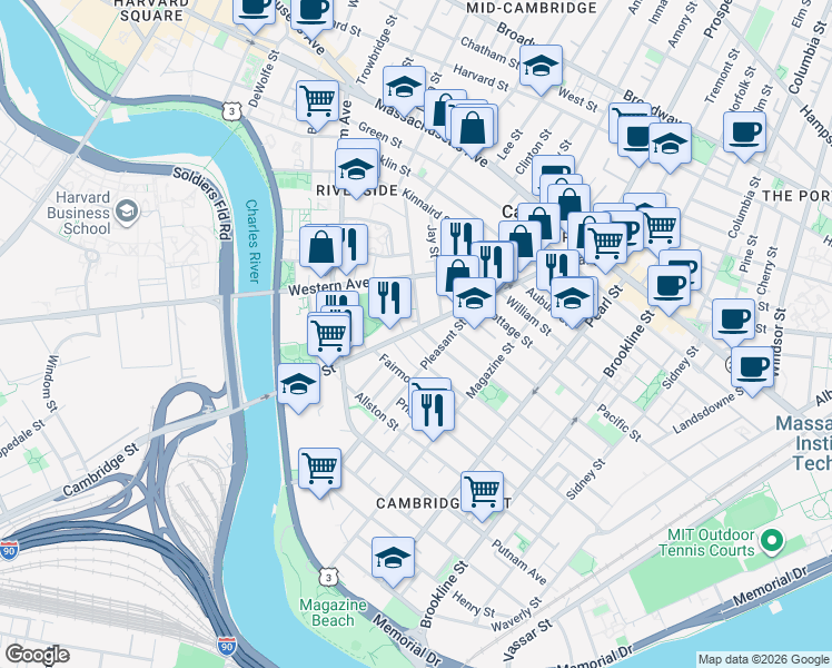 map of restaurants, bars, coffee shops, grocery stores, and more near 17 Laurel Street in Cambridge