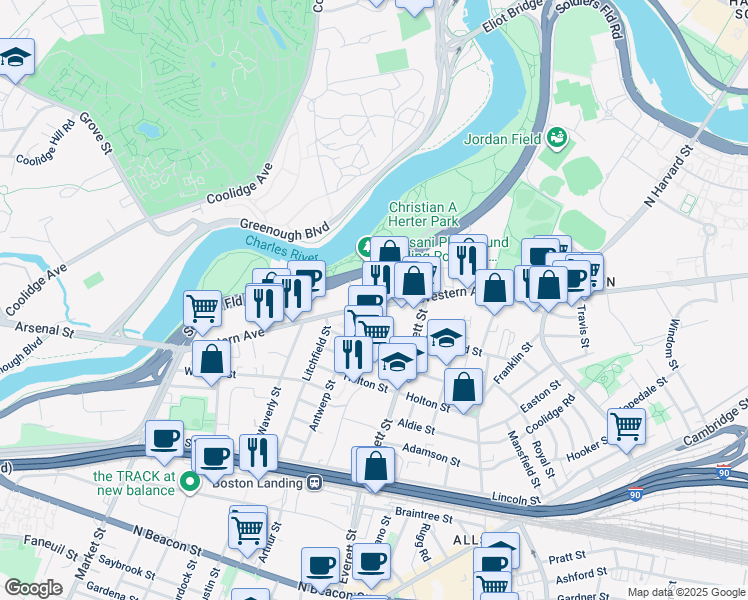 map of restaurants, bars, coffee shops, grocery stores, and more near 355 Western Avenue in Boston
