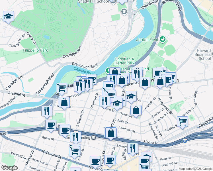 map of restaurants, bars, coffee shops, grocery stores, and more near 355 Western Avenue in Boston
