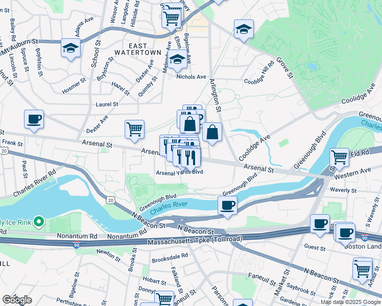 map of restaurants, bars, coffee shops, grocery stores, and more near in Watertown