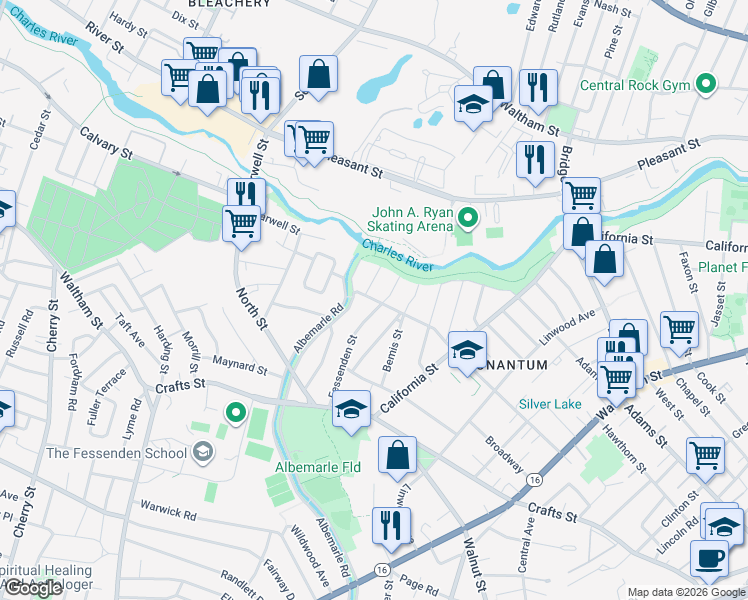 map of restaurants, bars, coffee shops, grocery stores, and more near 103 Fessenden Street in Newton