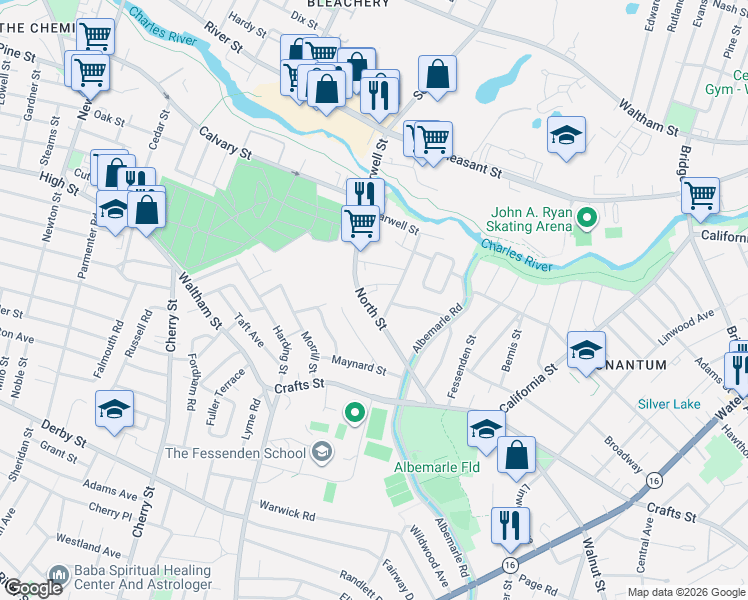 map of restaurants, bars, coffee shops, grocery stores, and more near 110 North Street in Newton