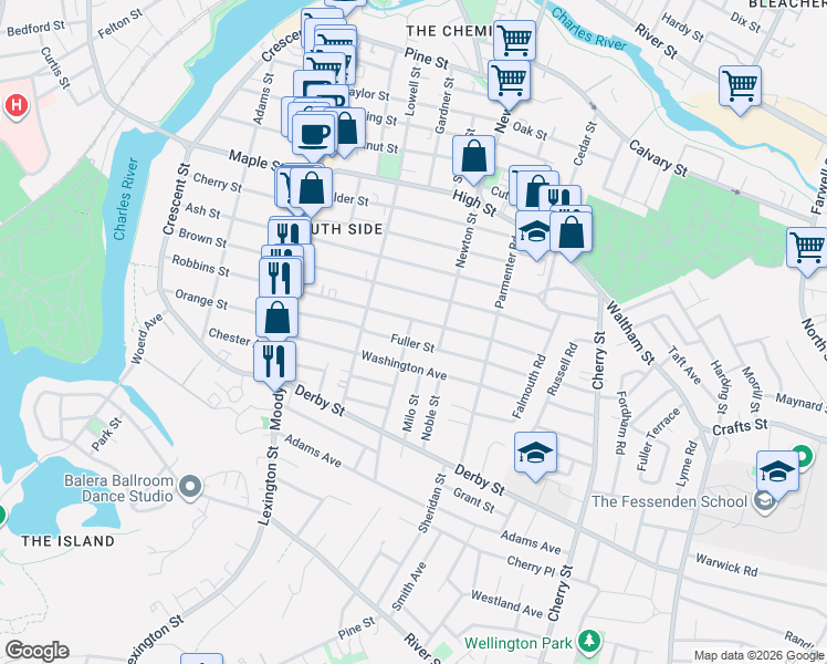 map of restaurants, bars, coffee shops, grocery stores, and more near 48 Fuller Street in Waltham