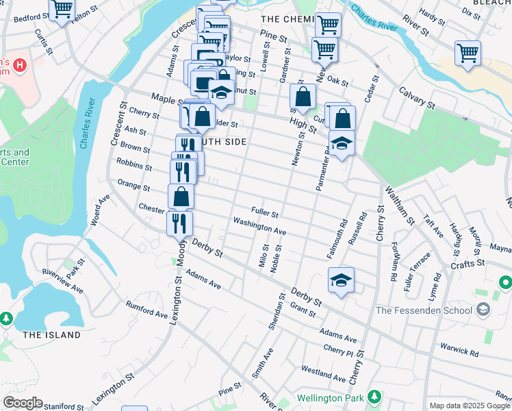 map of restaurants, bars, coffee shops, grocery stores, and more near 20 Fuller Street in Waltham