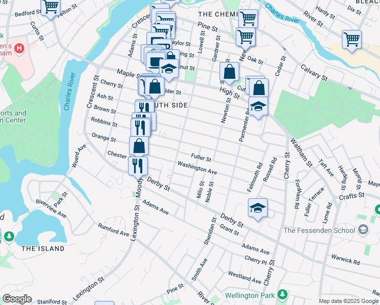 map of restaurants, bars, coffee shops, grocery stores, and more near 20 Fuller Street in Waltham