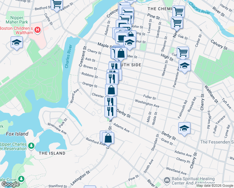 map of restaurants, bars, coffee shops, grocery stores, and more near 16 Washington Avenue in Waltham