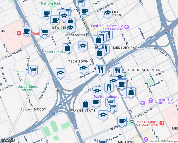 map of restaurants, bars, coffee shops, grocery stores, and more near 448 Antoinette Street in Detroit