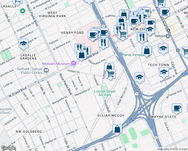 map of restaurants, bars, coffee shops, grocery stores, and more near 6195 Trumbull in Detroit