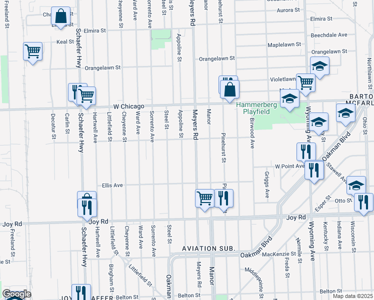 map of restaurants, bars, coffee shops, grocery stores, and more near 9240 Appoline Street in Detroit