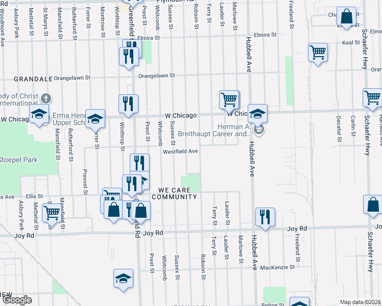 map of restaurants, bars, coffee shops, grocery stores, and more near 9263 Coyle Avenue in Detroit