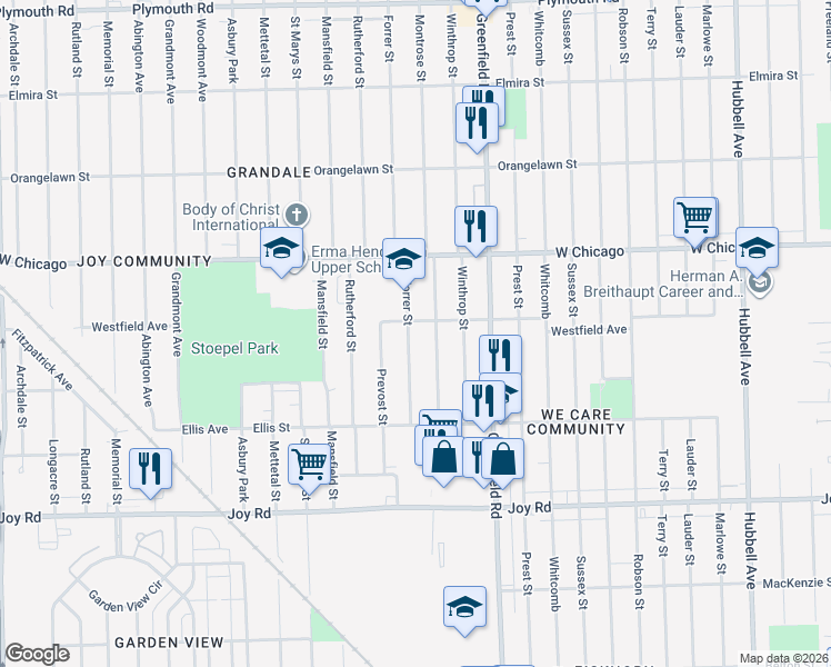 map of restaurants, bars, coffee shops, grocery stores, and more near 9213 Forrer Street in Detroit